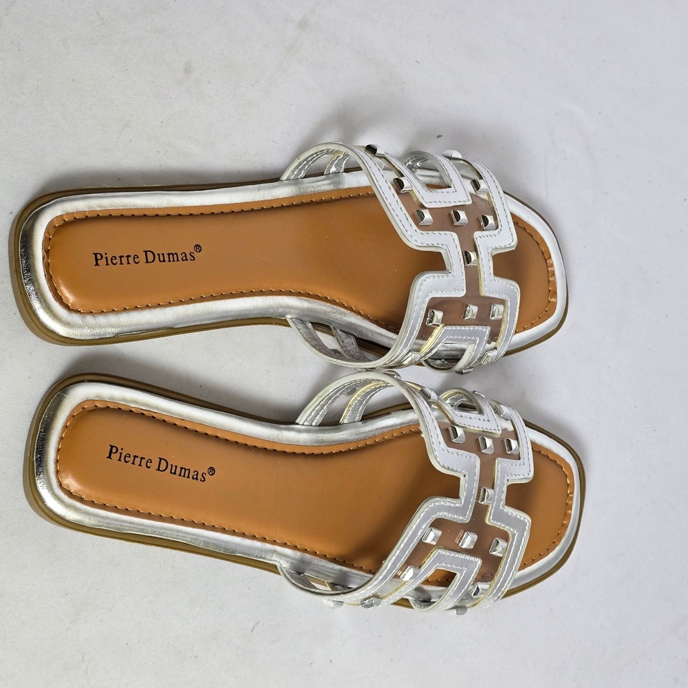 Pierre Dumas Silver Studded H-Strap Slide Sandals Women Size 9 Clear Vinyl Flat - Picture 3 of 6